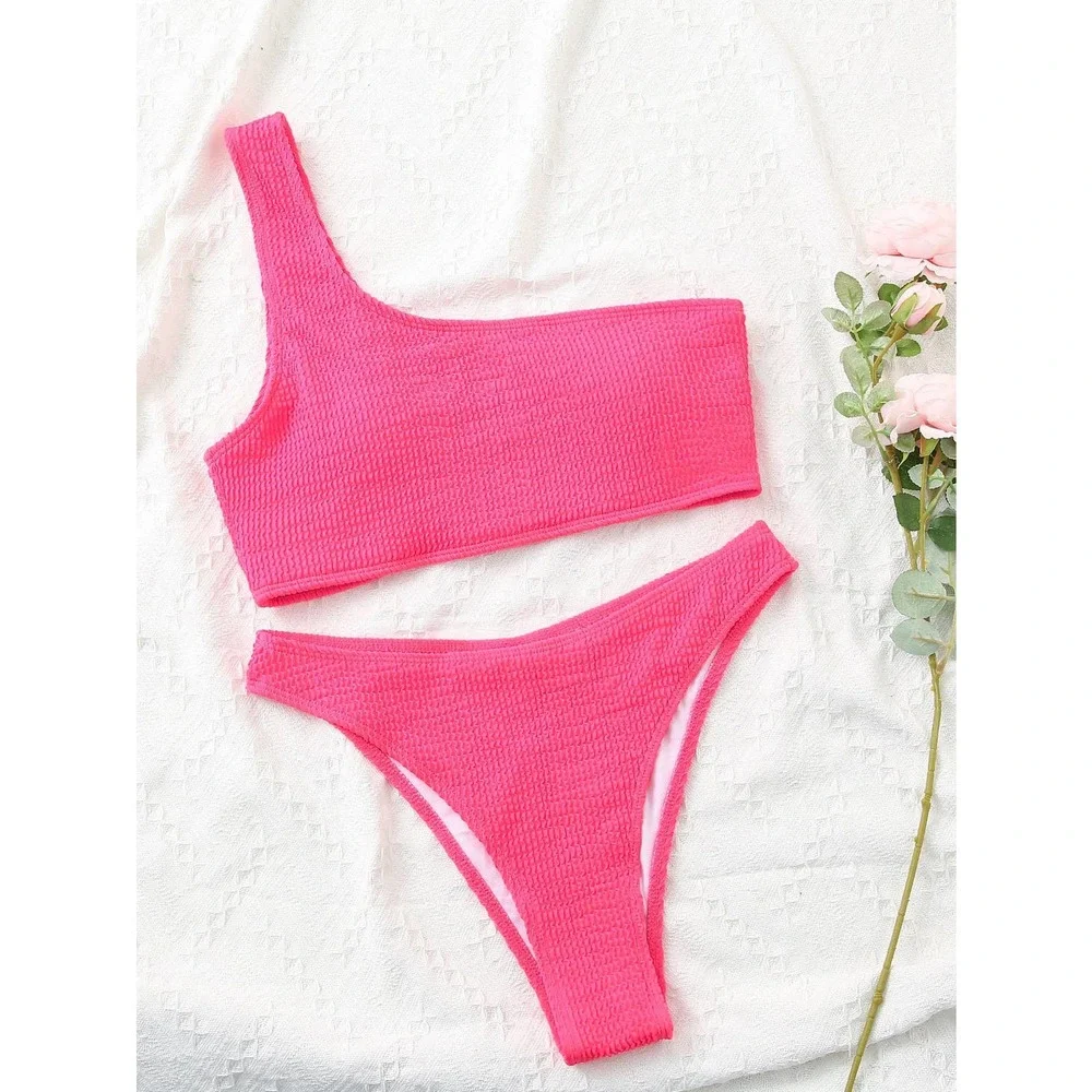 Textured One Shoulder Bikini Swimsuit white - Picture 5 of 12